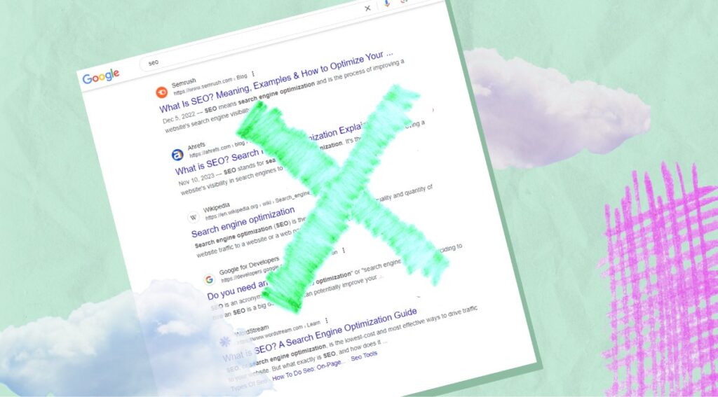 An X through a search engine results page